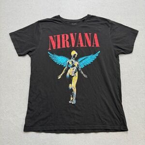 Nirvana In Utero T-Shirt Men's Large Black Graphic Blue Angel Wings Short Sleeve